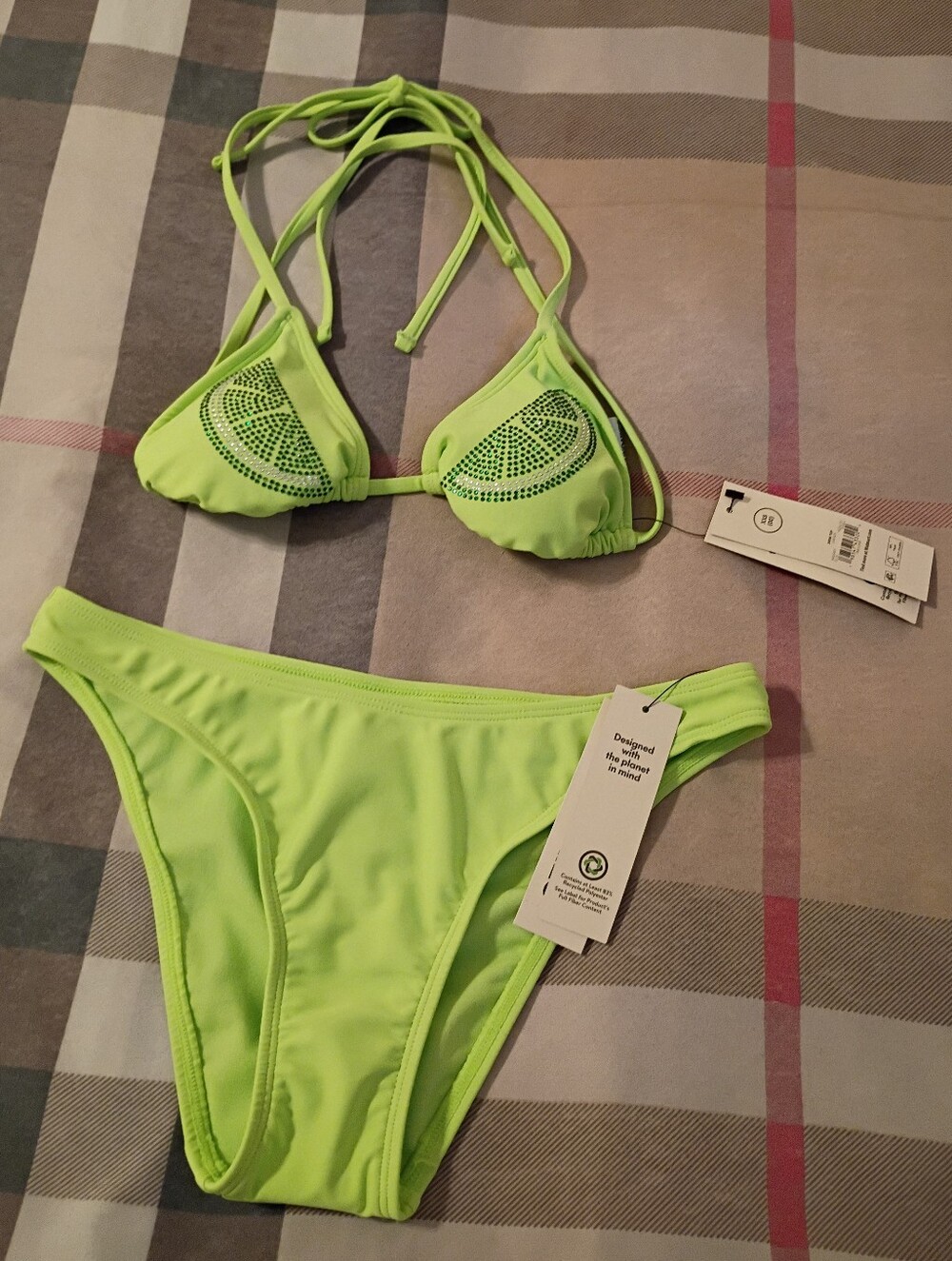 Lime Green Rhinestone Low Rise Bikini Set - Picture 2 of 16